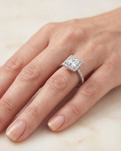 Shared Prong Pavé Halo Princess, in Platinum, pave setting – lifestyle shot | RockHer