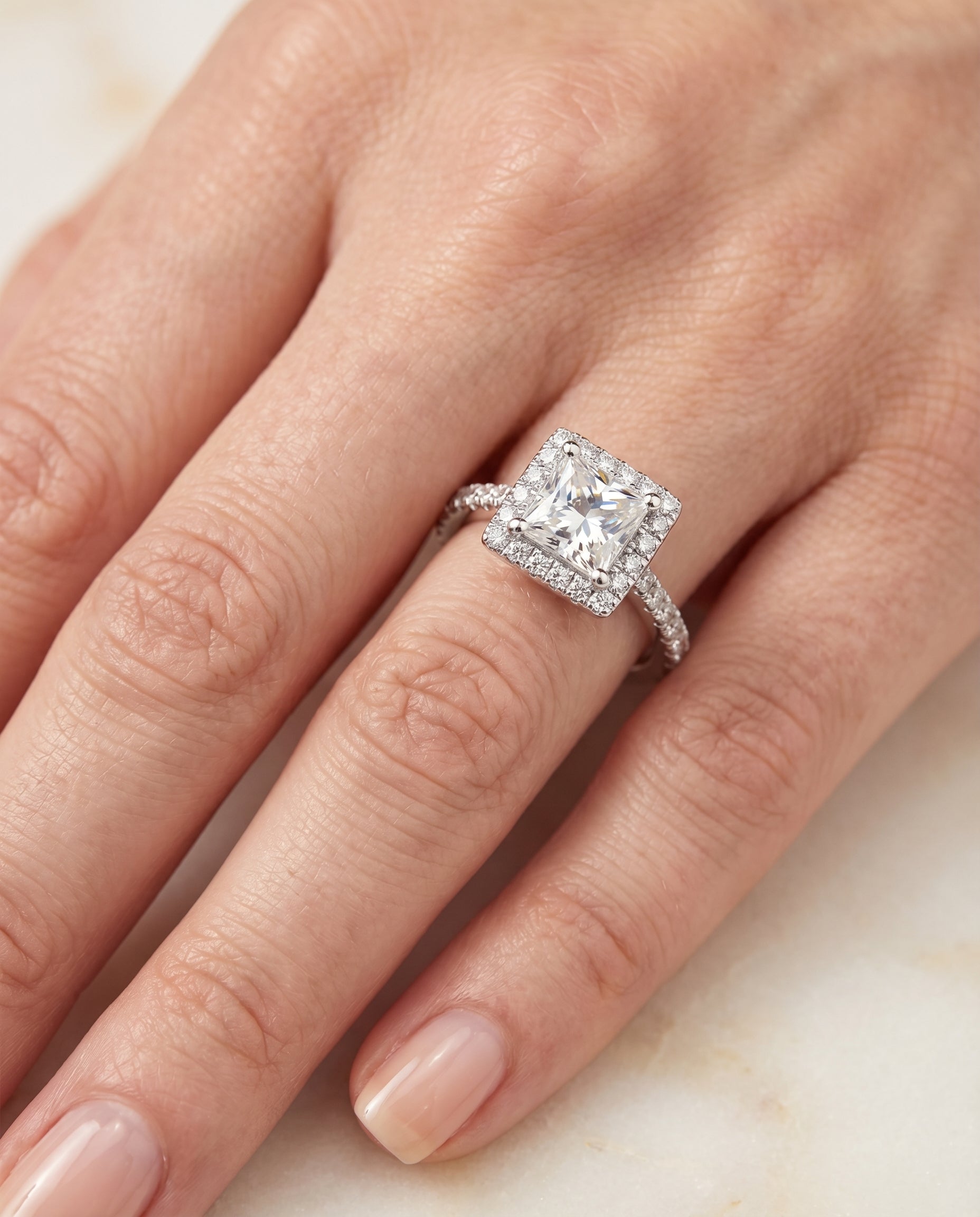 Allegra Select Pav Halo Princess Cut Lab Diamond Engagement Ring in Platinum, shown on hand | RockHer