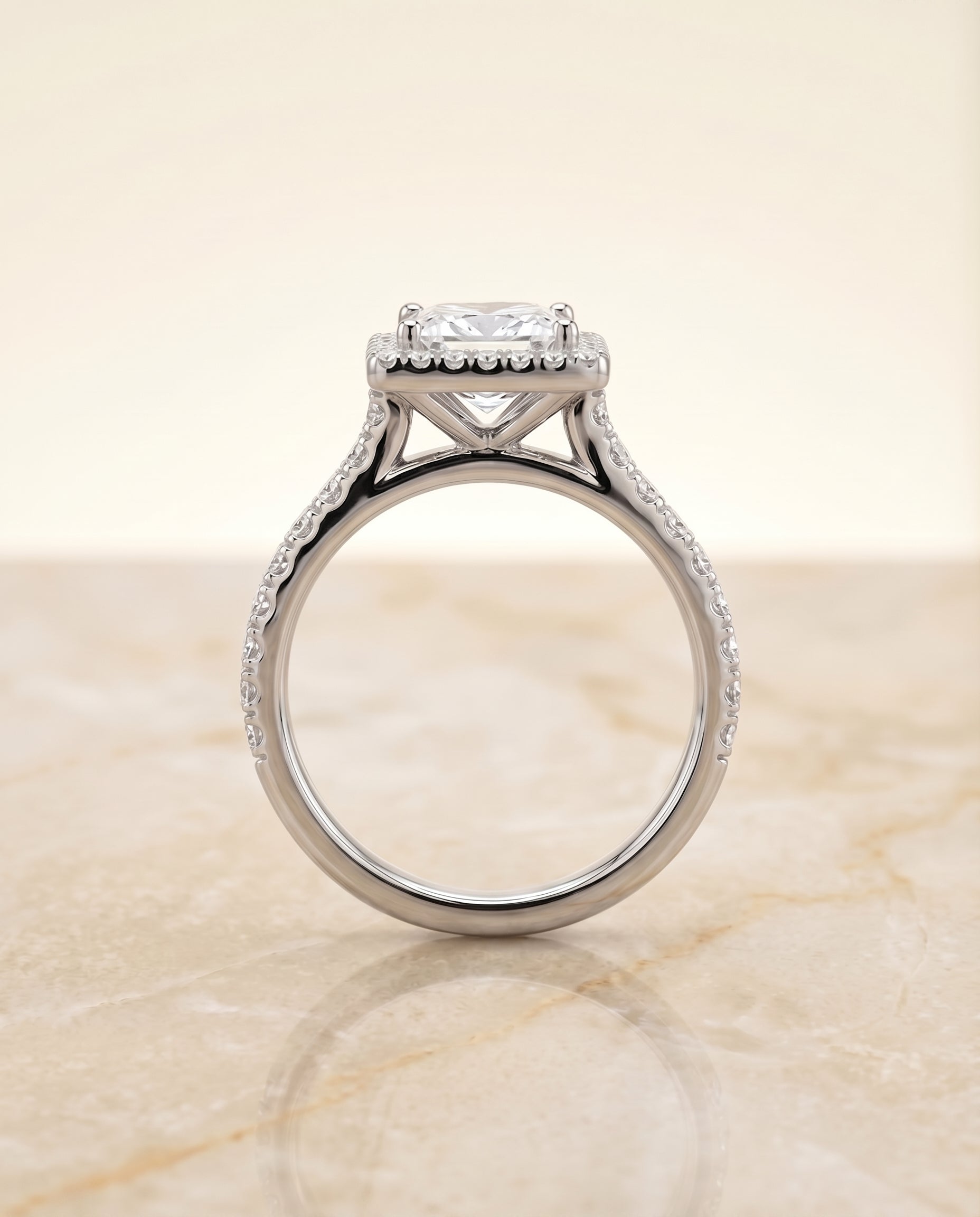 Allegra Select Pav Halo Princess Cut Lab Diamond Engagement Ring in 18K White Gold, side view | RockHer