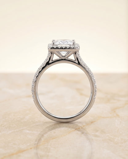 Allegra Select Pav Halo Princess Cut Lab Diamond Engagement Ring in 18K White Gold, side view | RockHer