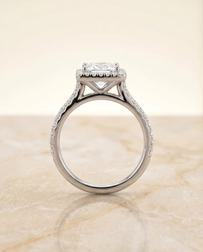 Shared Prong Pavé Halo Princess, in Platinum, pave setting – side profile | RockHer