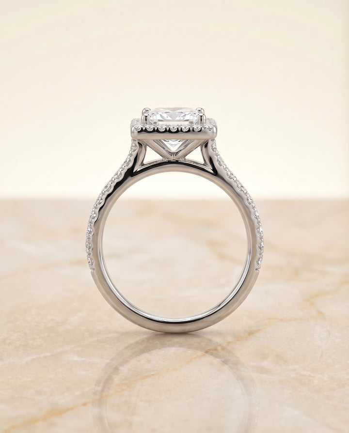 Shared Prong Pavé Halo Princess, in Platinum, pave setting – side profile | RockHer