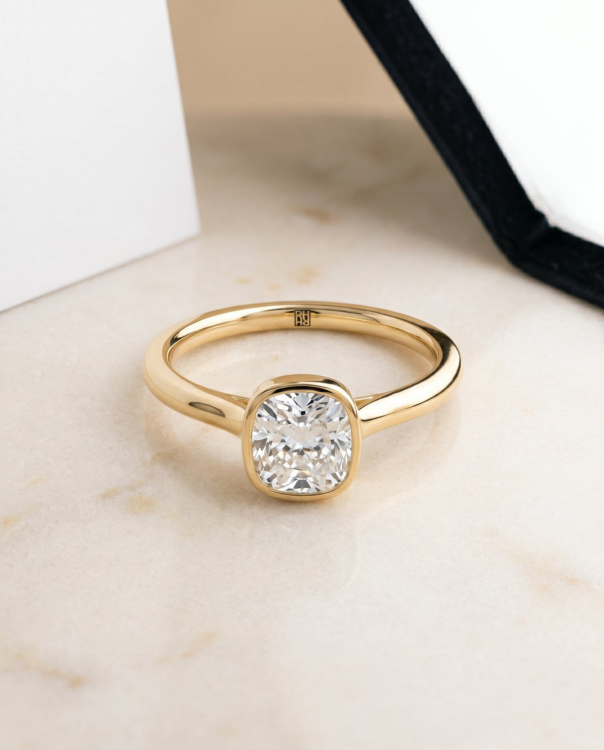 Duran Select Simple Bezel Solitaire Cushion Cut Lab Diamond Engagement Ring in 18K Yellow Gold, alternate angle | RockHer
