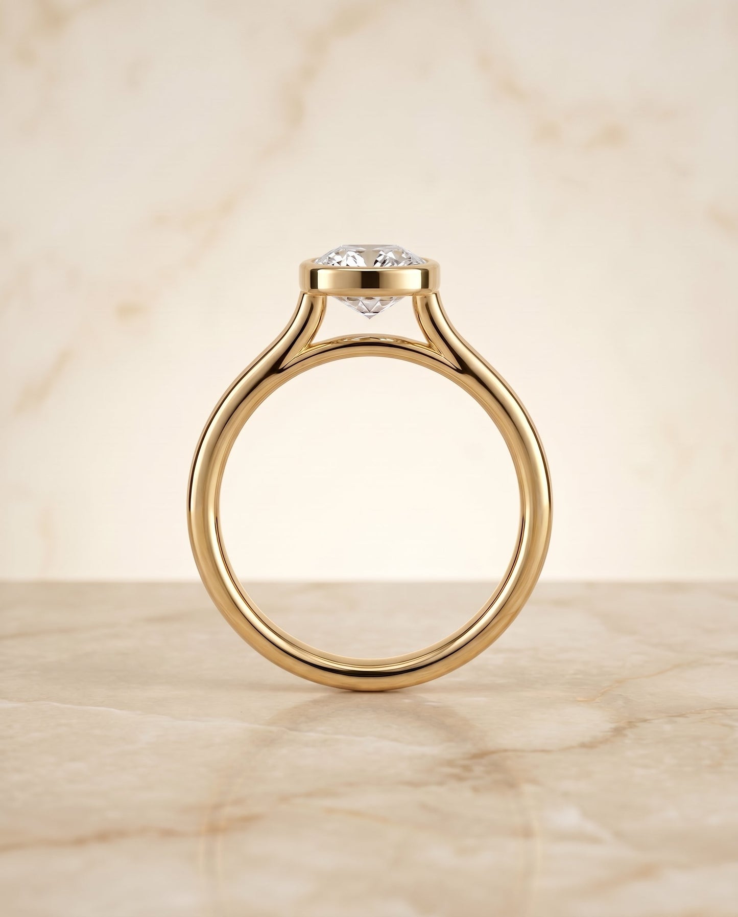 Duran Select Simple Bezel Solitaire Cushion Cut Lab Diamond Engagement Ring in 14K Yellow Gold, side view | RockHer