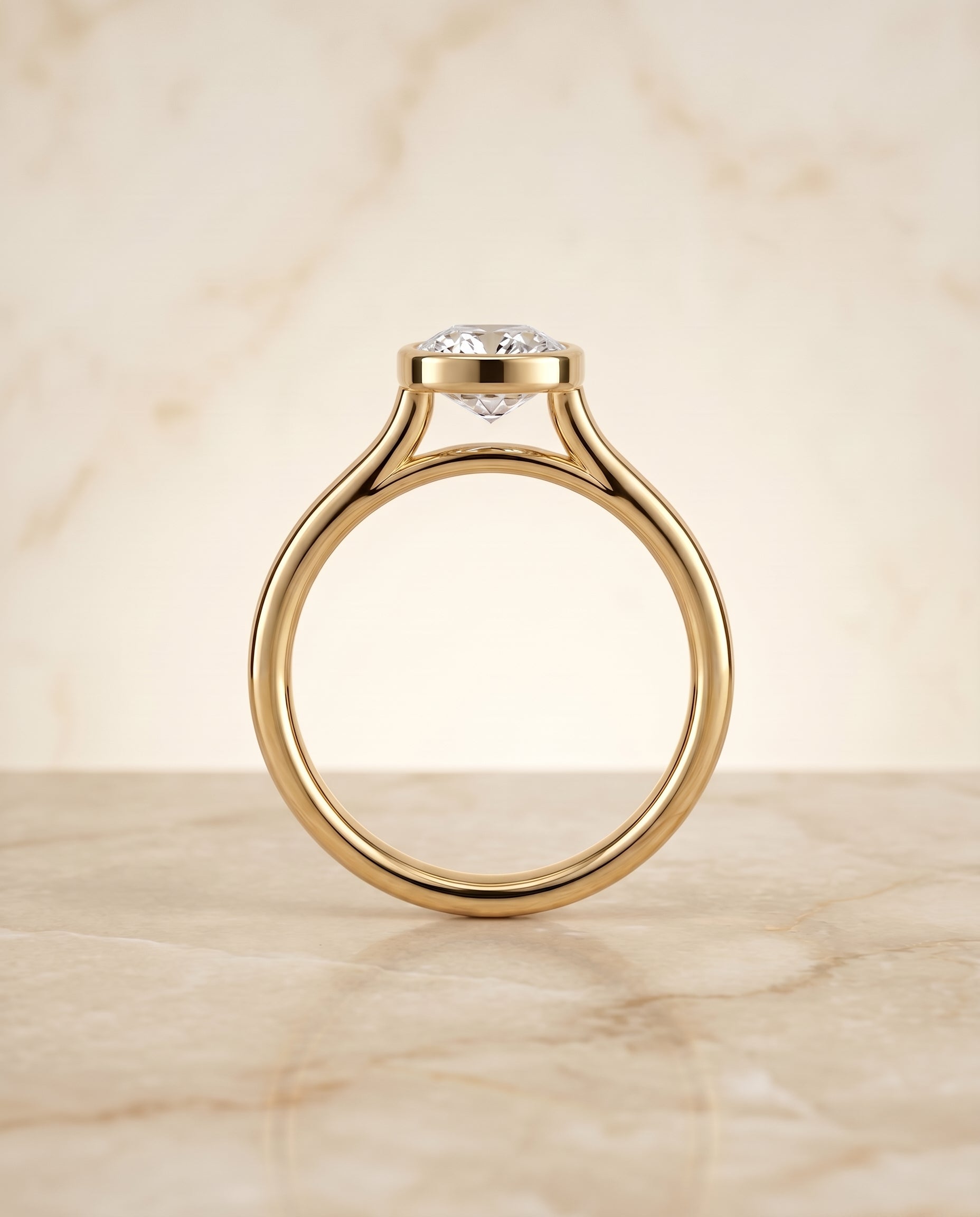 Duran Select Simple Bezel Solitaire Cushion Cut Lab Diamond Engagement Ring in 18K Yellow Gold, side view | RockHer