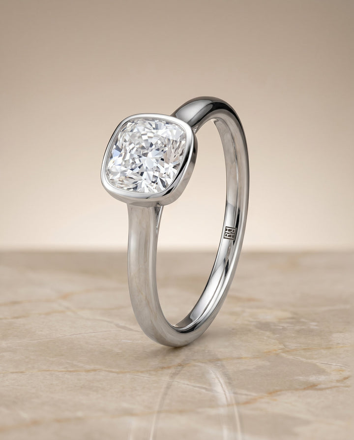 Duran Select Simple Bezel Solitaire Cushion in 14K White Gold – view 2