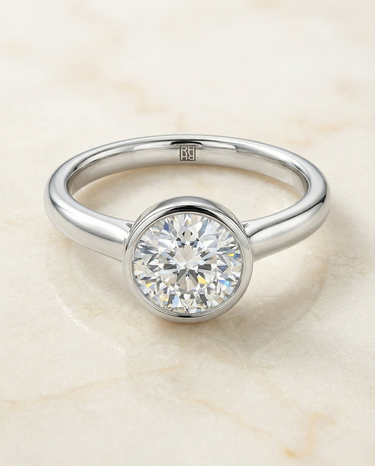 Duran Select Simple Bezel Solitaire Round Lab Diamond Engagement Ring in Platinum, alternate angle | RockHer