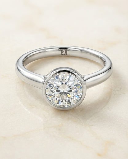 Duran Select Simple Bezel Solitaire Round Lab Diamond Engagement Ring in 14K White Gold, alternate angle | RockHer