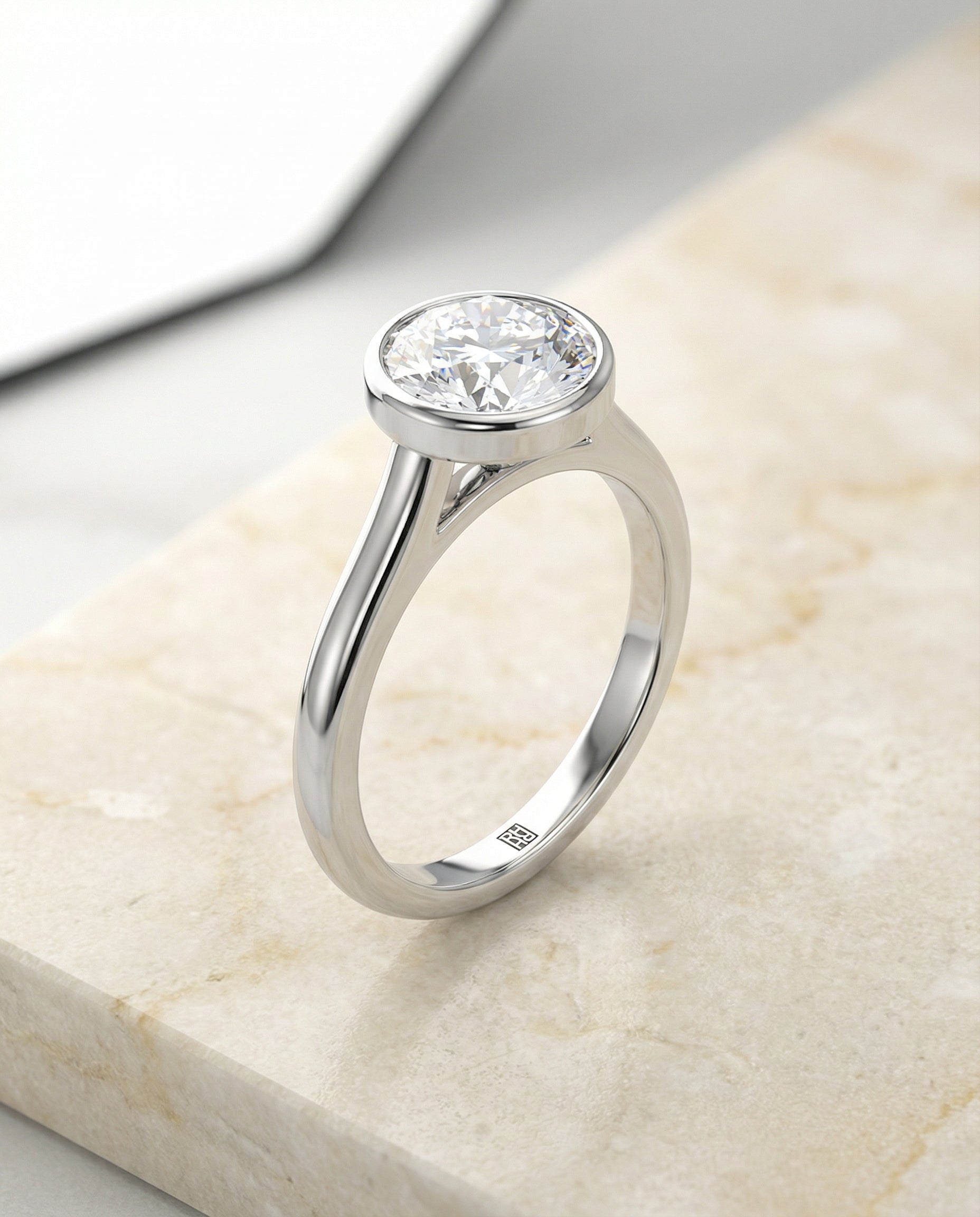 Duran Select Simple Bezel Solitaire Round Lab Diamond Engagement Ring in 18K White Gold, front view | RockHer