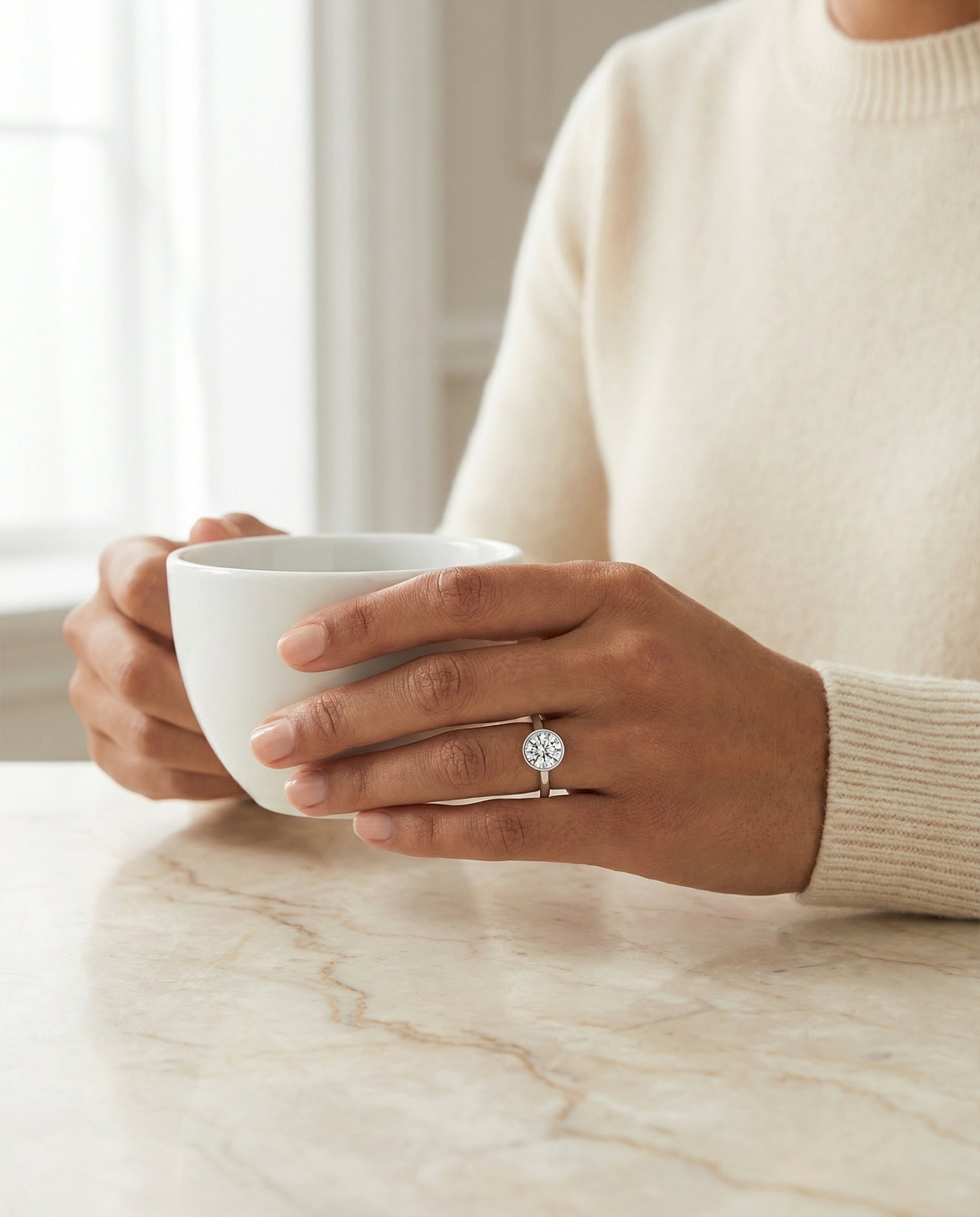 Duran Select Simple Bezel Solitaire Round Lab Diamond Engagement Ring in 18K White Gold, lifestyle | RockHer