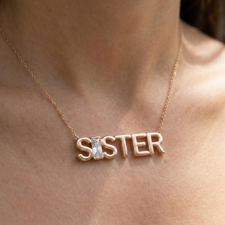 SISTER lab-grown diamond necklace in 14K Rose Gold, worn on neck