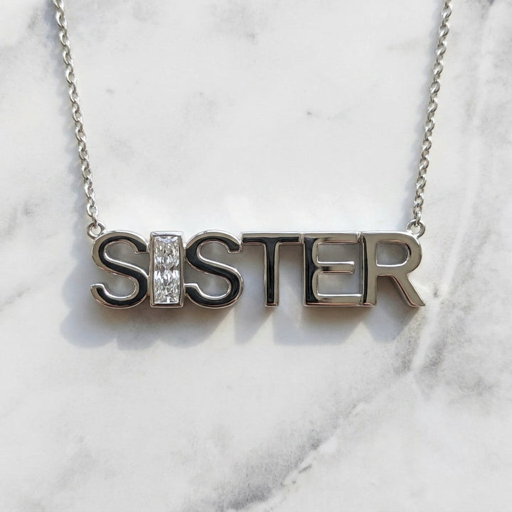 SISTER lab-grown diamond letter necklace in 14K White Gold