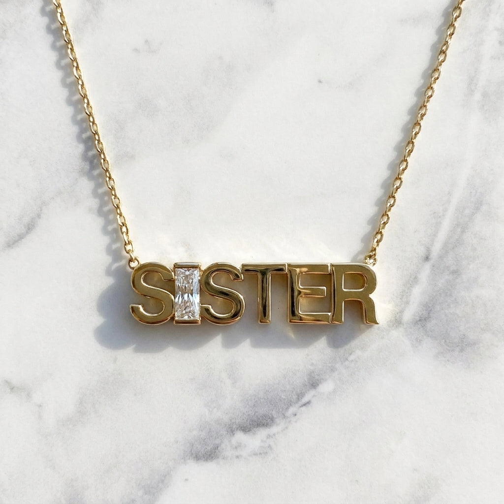 SISTER lab-grown diamond letter necklace in 14K Yellow Gold