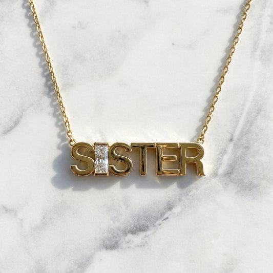 SISTER lab-grown diamond letter necklace in 14K Yellow Gold