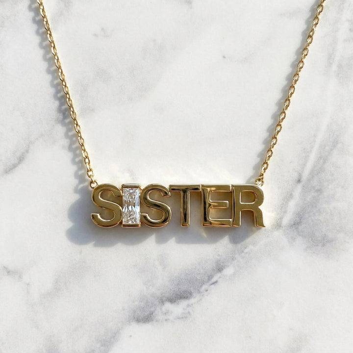 SISTER lab-grown diamond letter necklace in 14K Yellow Gold