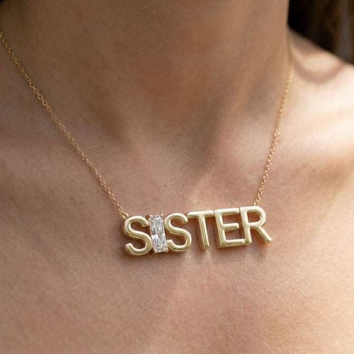 SISTER lab-grown diamond necklace in 14K Yellow Gold, worn on neck