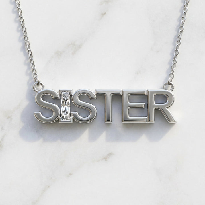 SISTER lab-grown diamond letter necklace in Platinum