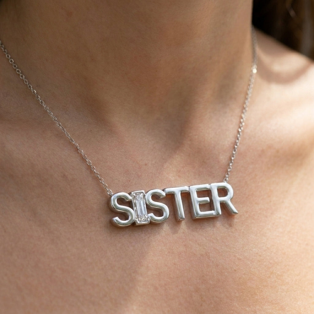 SISTER lab-grown diamond necklace in Platinum, worn on neck