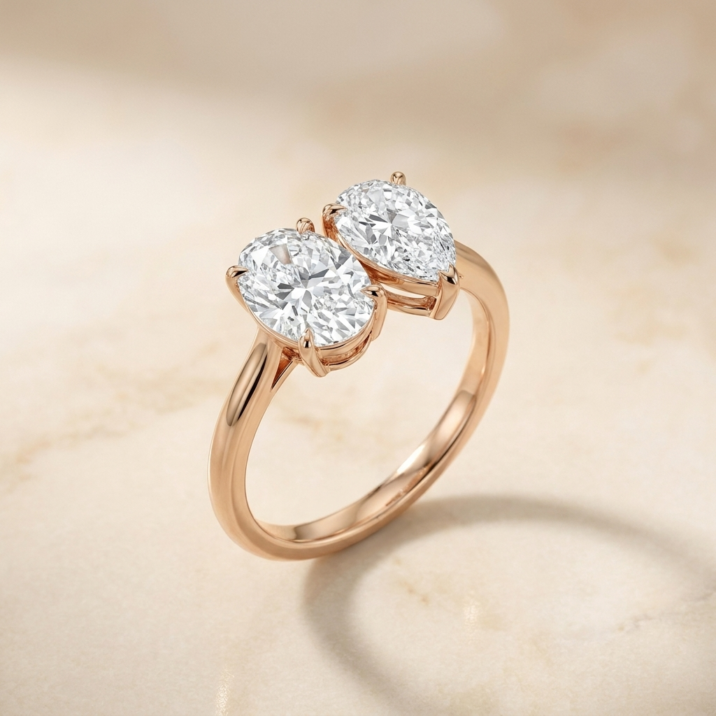 14K Rose Gold Solange Toi et Moi Select Oval & Pear Lab Diamond Engagement Ring - Alt angle on warm marble