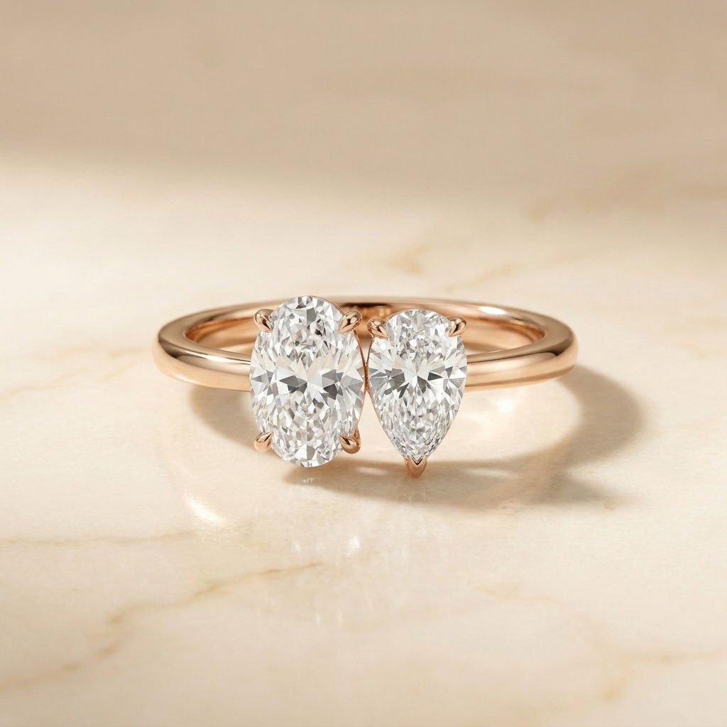 14K Rose Gold Solange Toi et Moi Select Oval & Pear Lab Diamond Engagement Ring - Hero on warm marble