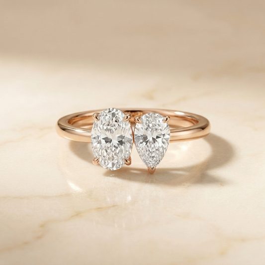 14K Rose Gold Solange Toi et Moi Select Oval & Pear Lab Diamond Engagement Ring - Hero on warm marble