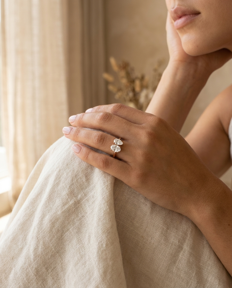 14K Rose Gold Solange Toi et Moi Select Oval & Pear Lab Diamond Engagement Ring - Lifestyle scene with hand model