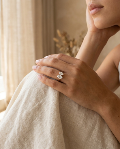 14K Rose Gold Solange Toi et Moi Select Oval & Pear Lab Diamond Engagement Ring - Lifestyle scene with hand model