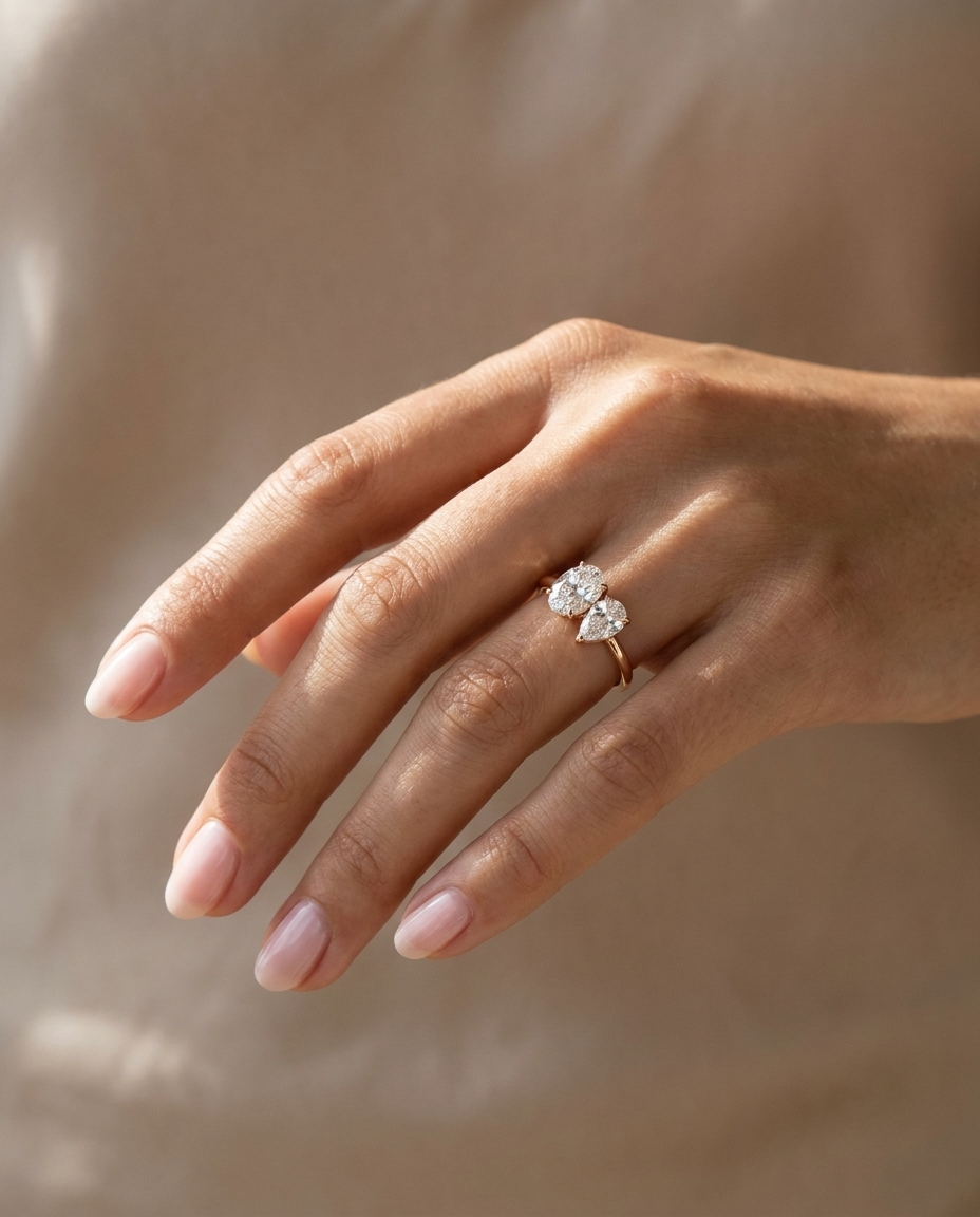 14K Rose Gold Solange Toi et Moi Select Oval & Pear Lab Diamond Engagement Ring - Ring on hand model