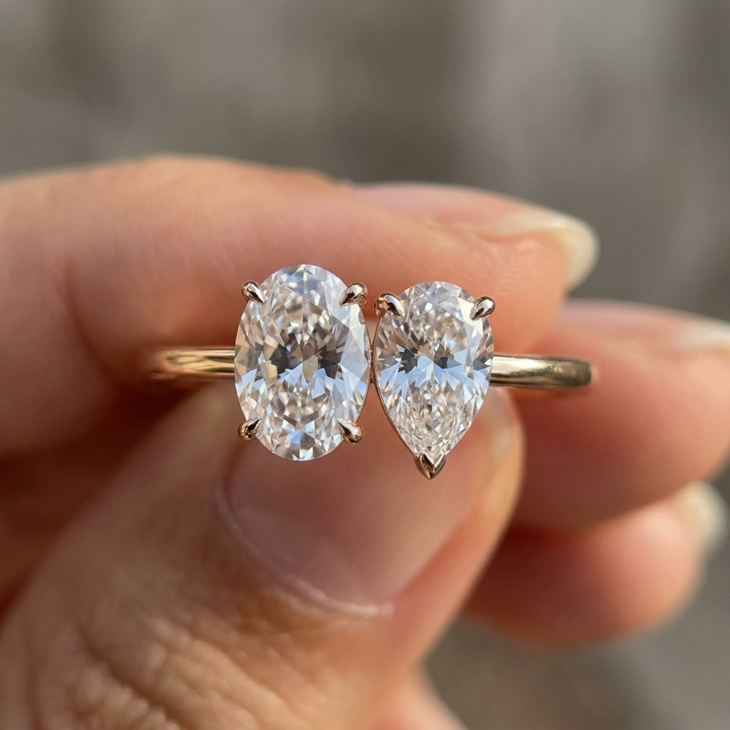 14K Rose Gold Solange Toi et Moi Select Oval & Pear Lab Diamond Engagement Ring - Macro close-up on finger