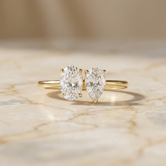 14K Yellow Gold Solange Toi et Moi Select Oval & Pear Lab Diamond Engagement Ring - Hero on warm marble