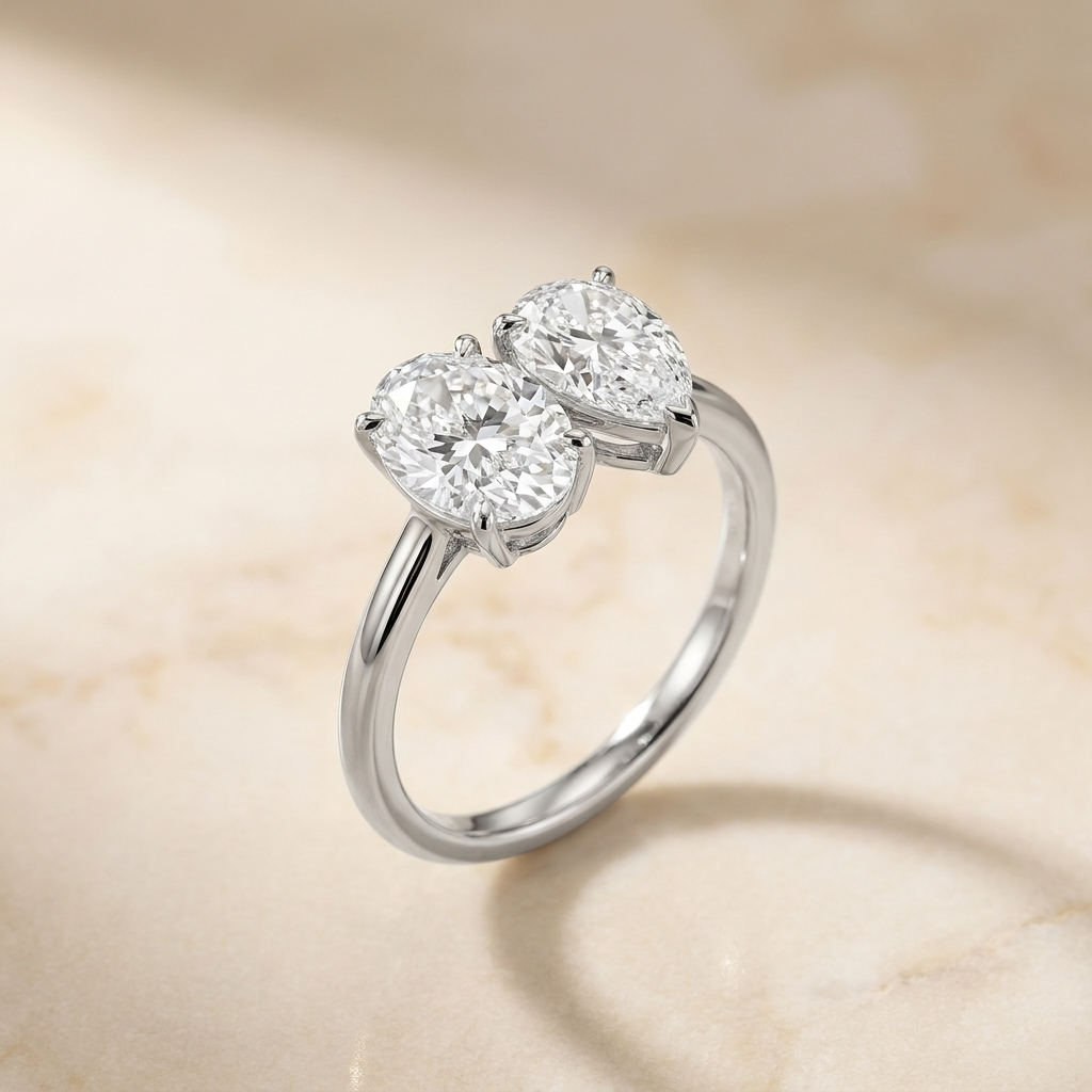 18K White Gold Solange Toi et Moi Select Oval & Pear Lab Diamond Engagement Ring - Alt angle on warm marble