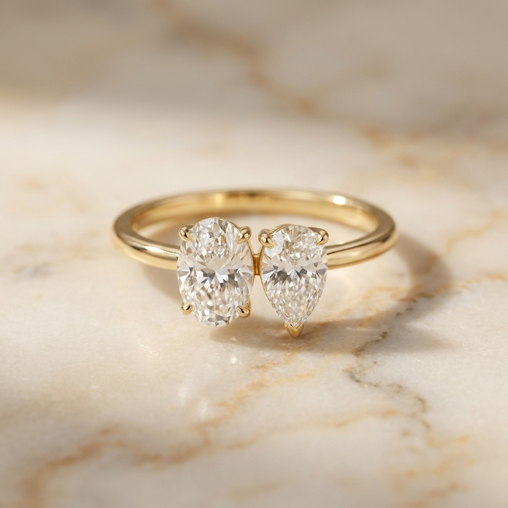 18K White Gold Solange Toi et Moi Select Oval & Pear Lab Diamond Engagement Ring - Hero on warm marble