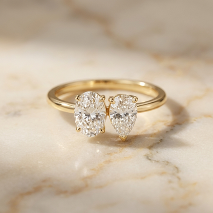 18K White Gold Solange Toi et Moi Select Oval & Pear Lab Diamond Engagement Ring - Hero on warm marble