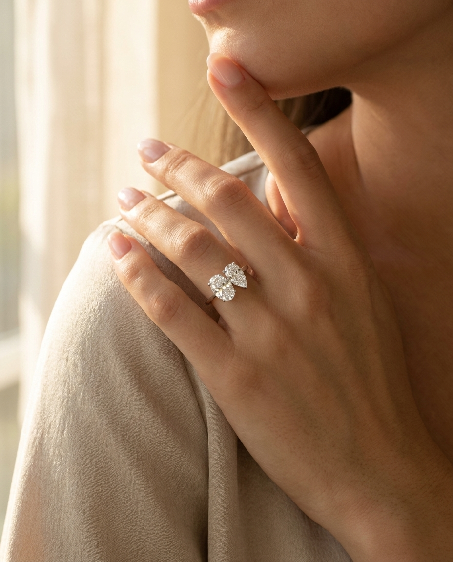 18K White Gold Solange Toi et Moi Select Oval & Pear Lab Diamond Engagement Ring - Lifestyle scene with hand model