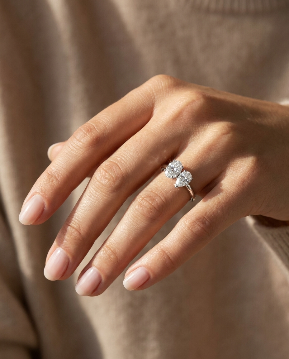 18K White Gold Solange Toi et Moi Select Oval & Pear Lab Diamond Engagement Ring - Ring on hand model