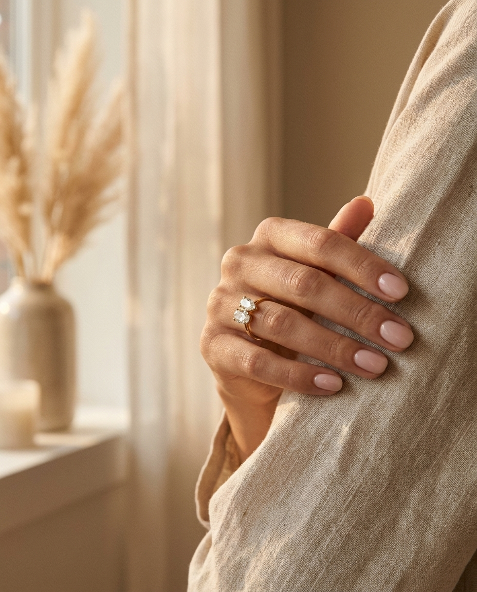 Solange Toi et Moi Oval & Pear Engagement Ring Setting - Lifestyle scene with hand model