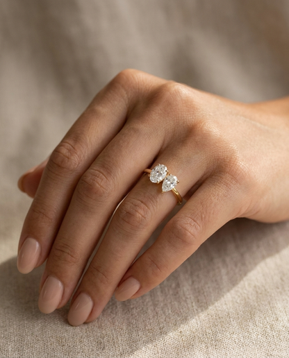 18K Yellow Gold Solange Toi et Moi Select Oval & Pear Lab Diamond Engagement Ring - Ring on hand model