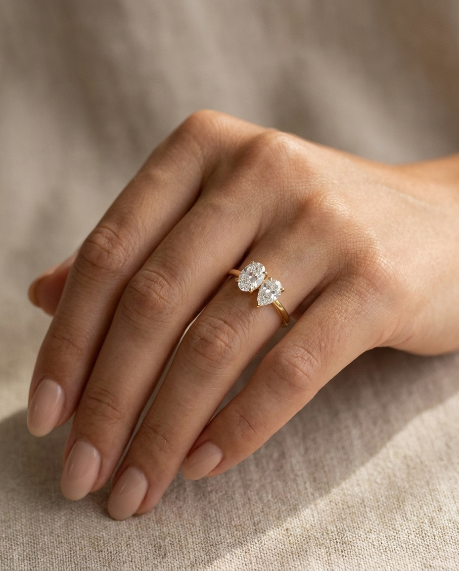 Solange Toi et Moi Oval & Pear Engagement Ring Setting - Ring on hand model