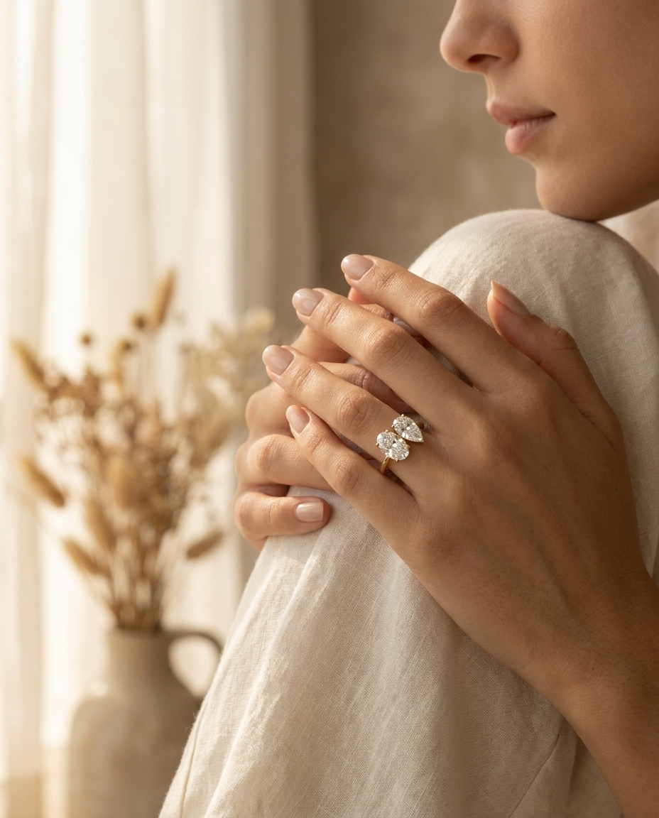 Platinum Solange Toi et Moi Select Oval & Pear Lab Diamond Engagement Ring - Lifestyle scene with hand model