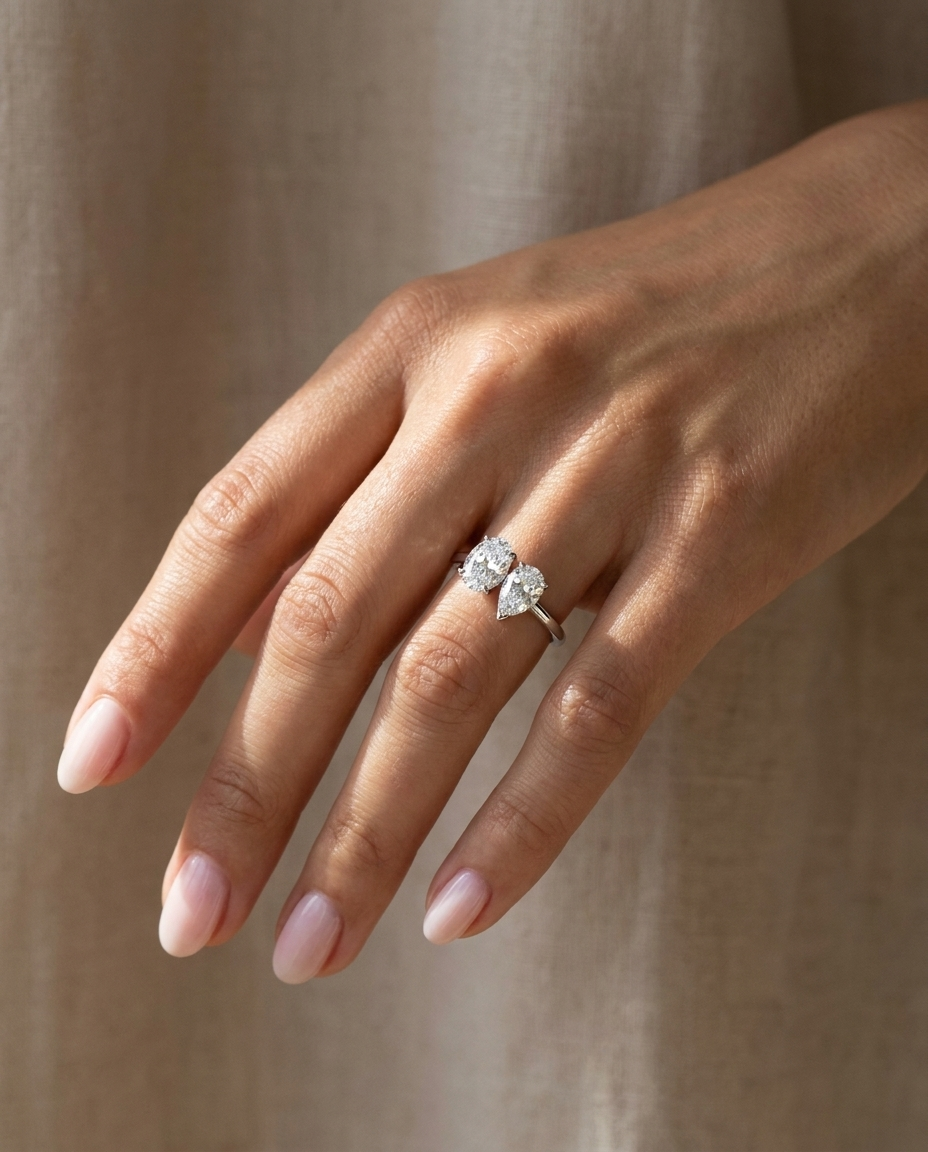 Platinum Solange Toi et Moi Select Oval & Pear Lab Diamond Engagement Ring - Ring on hand model