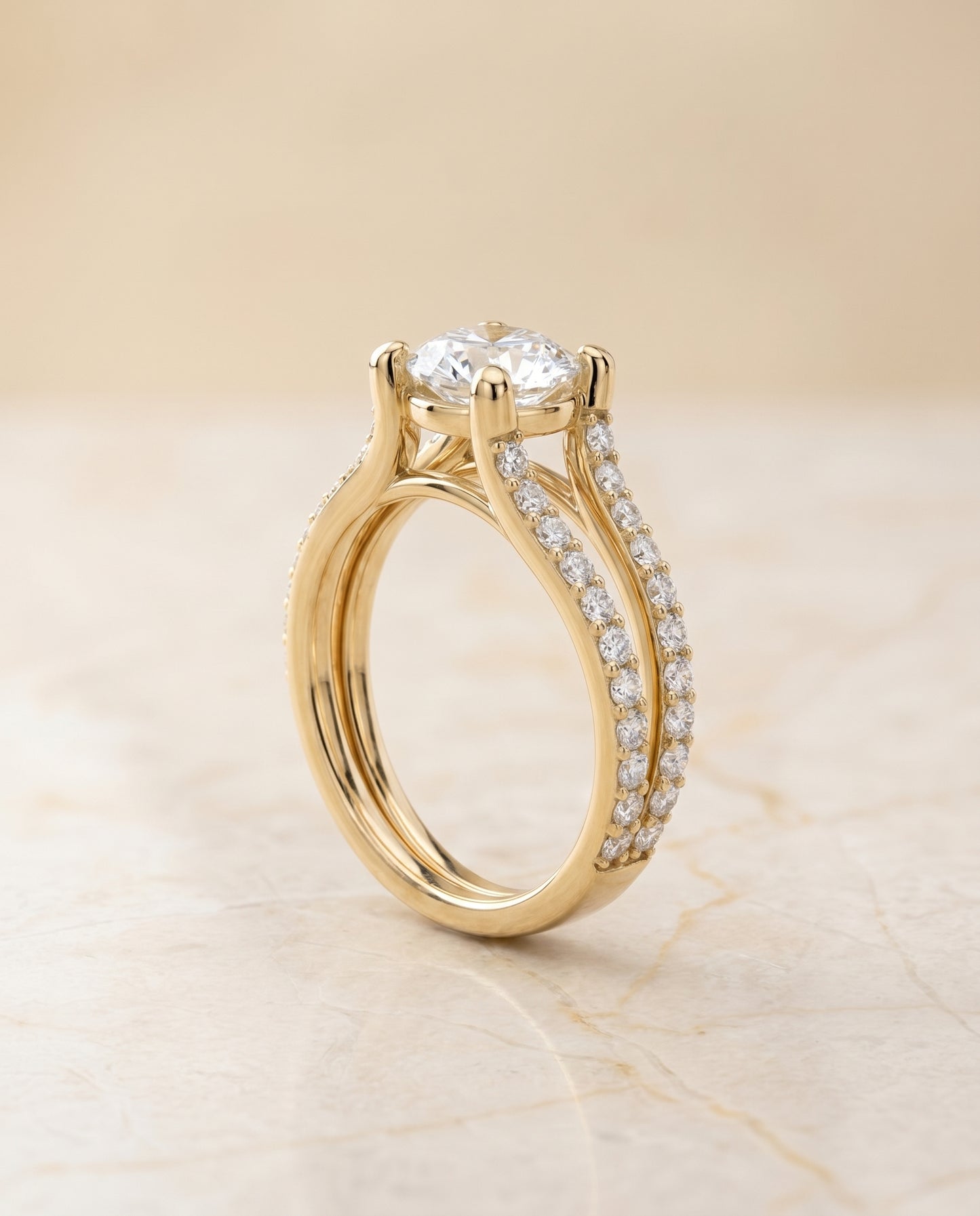 Round Brilliant, Split Shank Pavé, in 18K Yellow Gold – angled view | RockHer