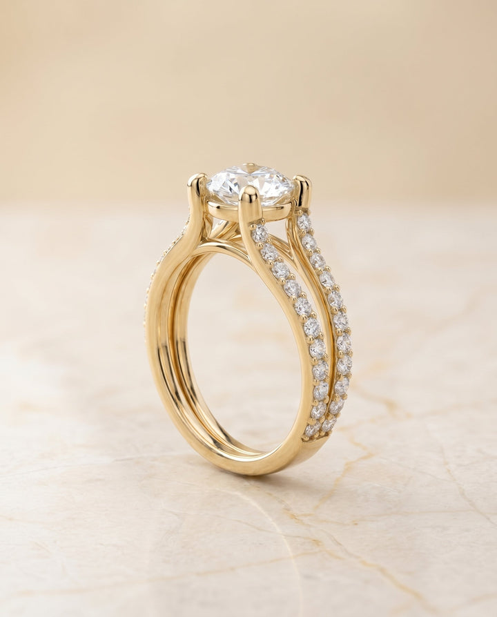 Presley Select Split Shank Pavé Round Lab Diamond Engagement Ring in 18K Yellow Gold, alternate angle | RockHer