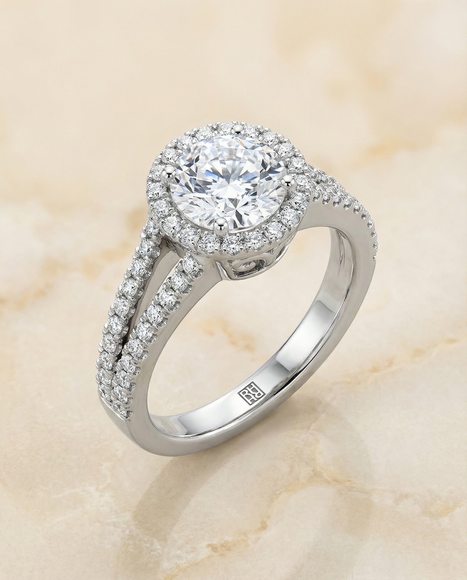 The Aretha engagement ring setting in 18K White Gold, split shank pavé halo design | RockHer