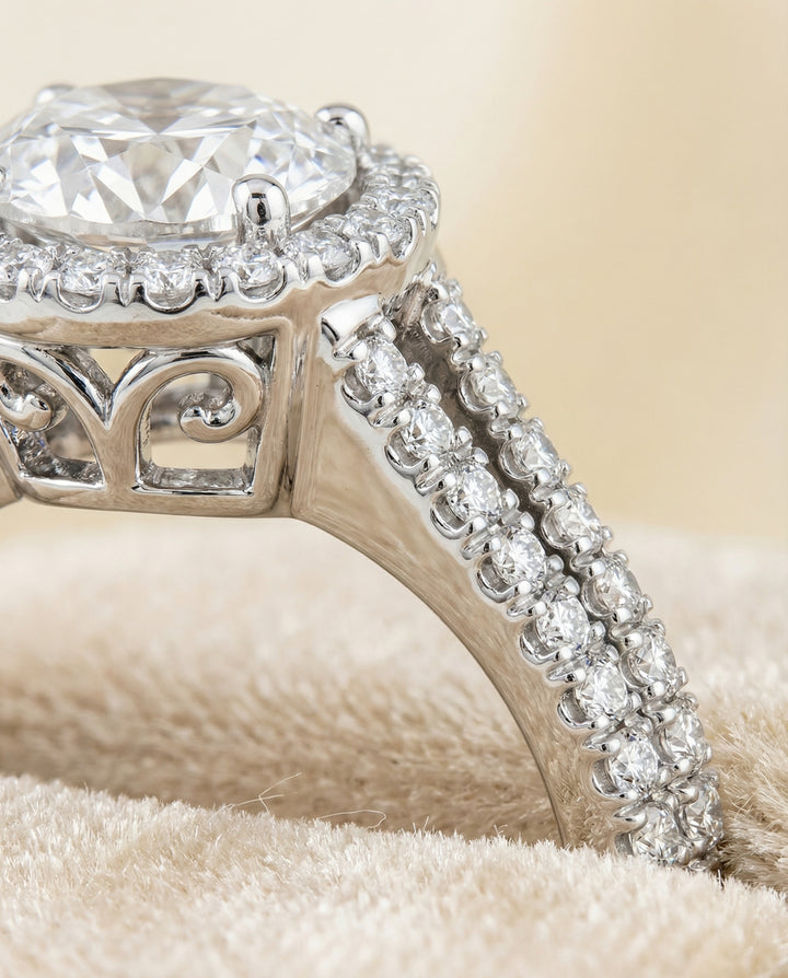 Round Brilliant, Split Shank Pavé Halo Round, in Platinum, pave setting – detail view | RockHer