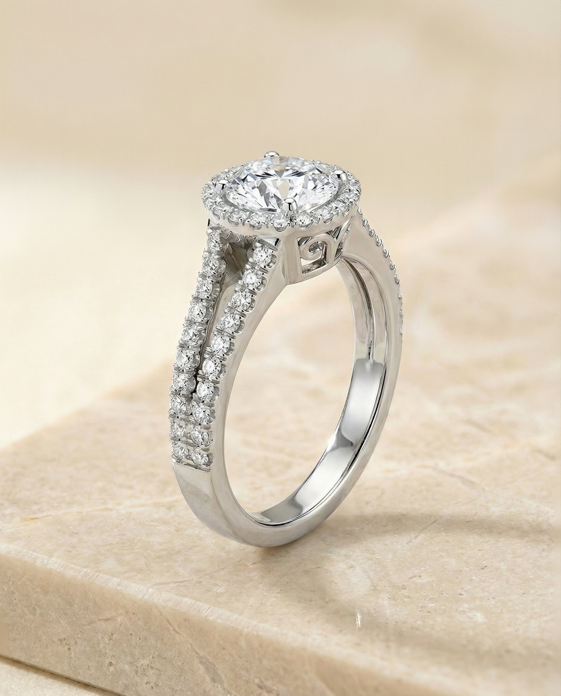 Split Shank Pavé Halo styling on The Aretha round engagement ring setting | RockHer
