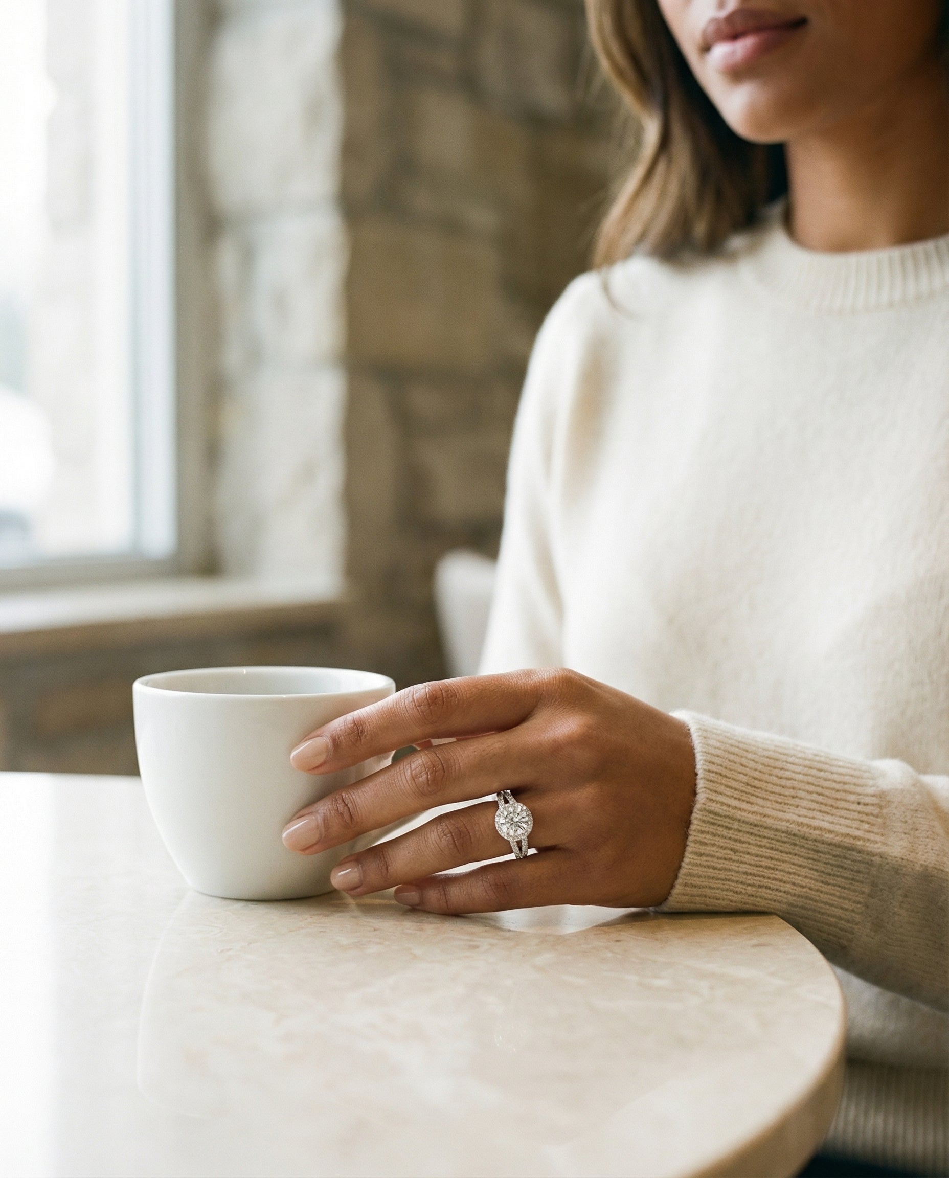 The Aretha round setting in 18K White Gold, a split shank pavé halo design from RockHer