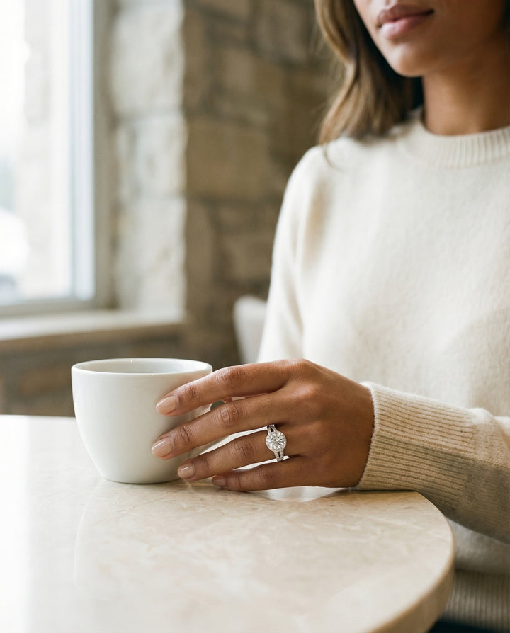 Round Brilliant, Split Shank Pavé Halo Round, in Platinum, pave setting – lifestyle shot | RockHer