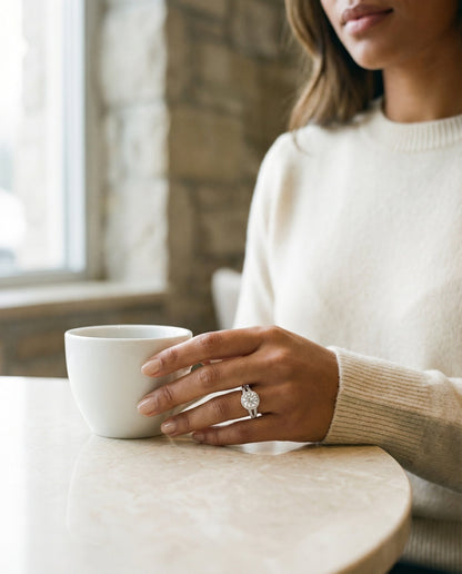 Aretha Select Split Shank Pavé Halo Round Lab Diamond Engagement Ring in Platinum, lifestyle | RockHer