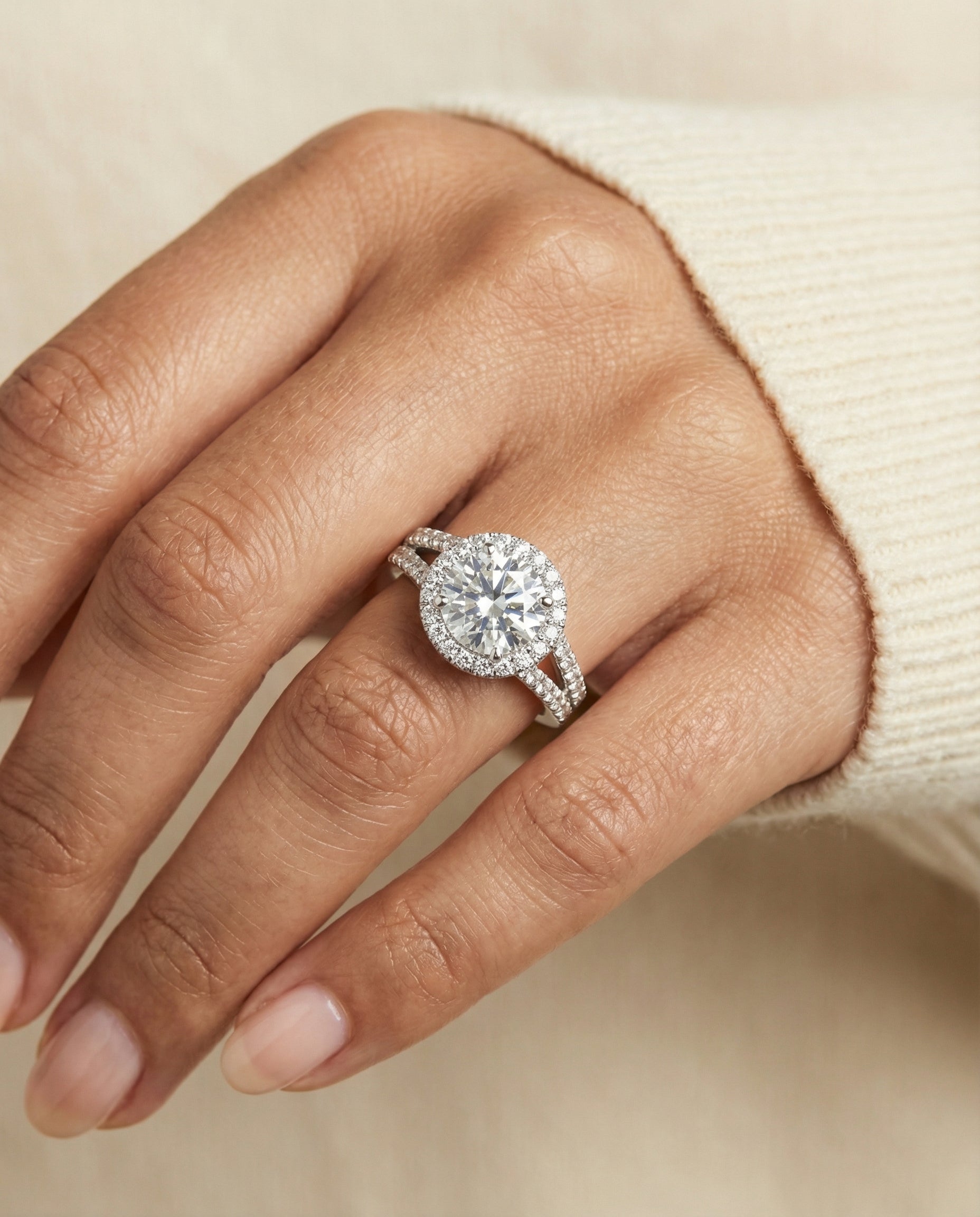 The Aretha split shank pavé halo engagement ring setting, shown in 18K White Gold | RockHer
