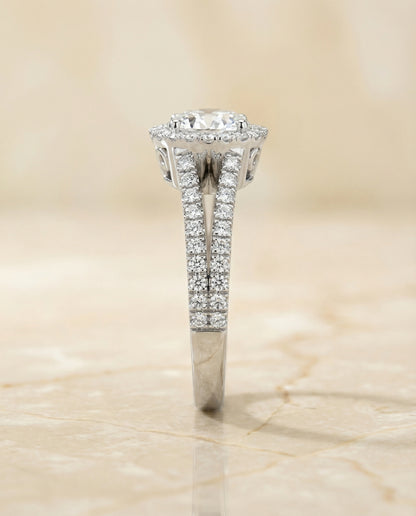Round Brilliant, Split Shank Pavé Halo Round, in 18K White Gold, pave setting – side profile | RockHer